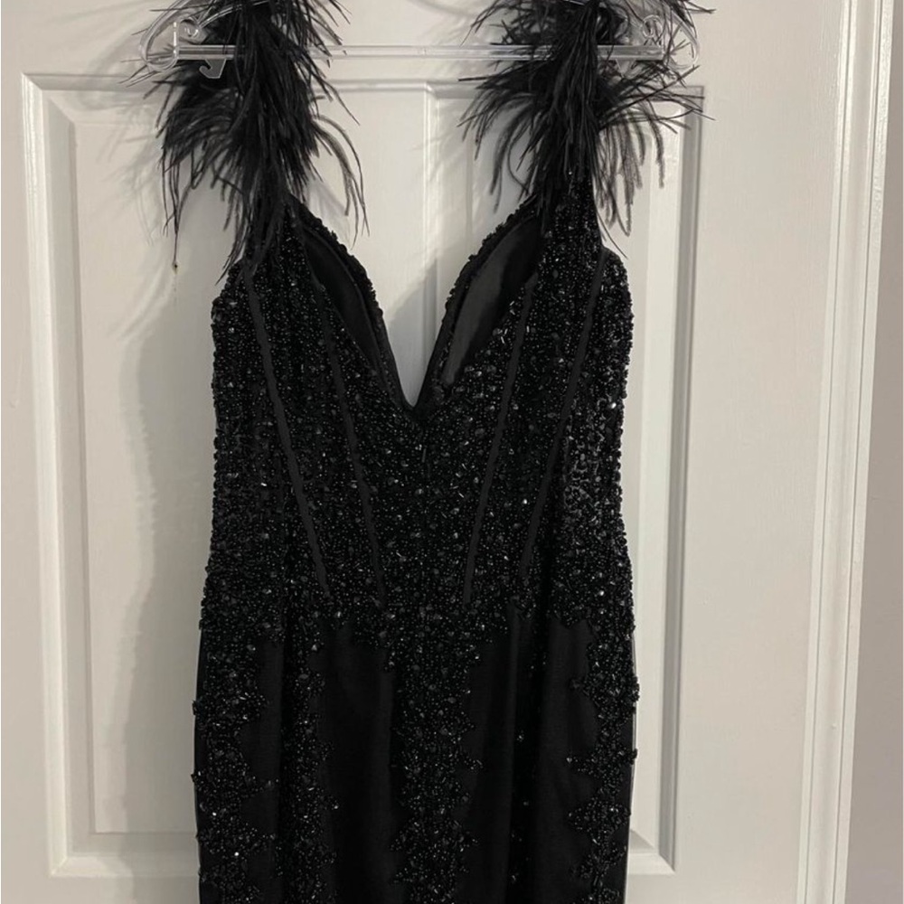 Jovani Black Beaded Feather Dress
